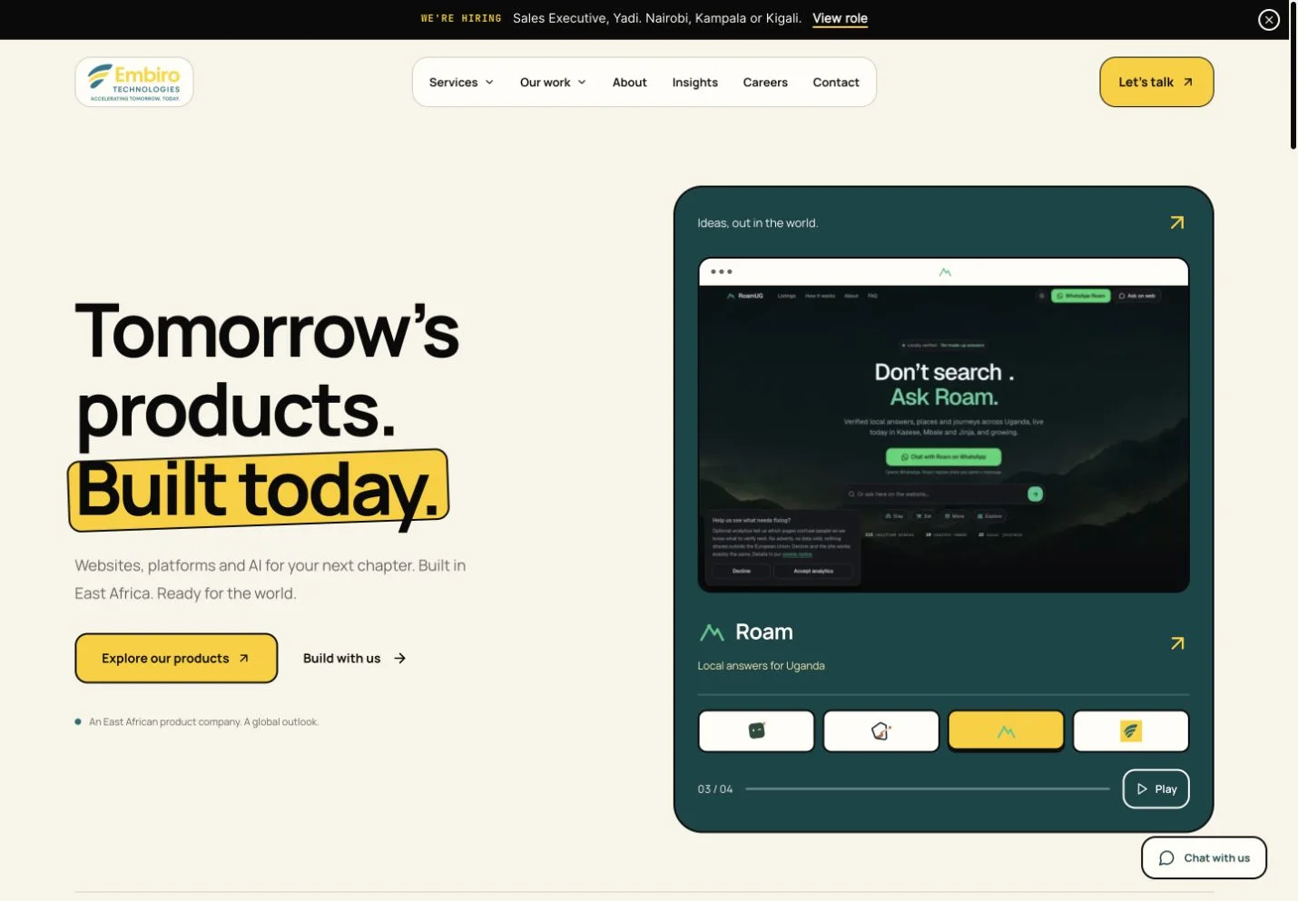 The refreshed Embiro homepage with separate navigation containers and a featured product