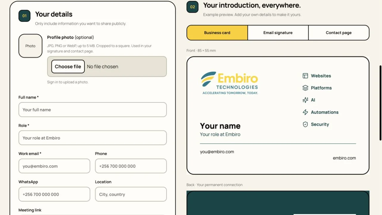 Team Studio’s profile form beside the business card preview using placeholder details
