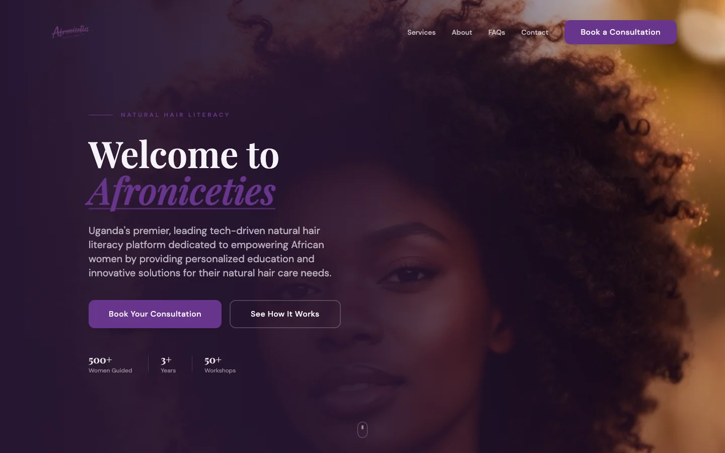 The Afroniceties homepage, a website in the She Builds Uganda collection