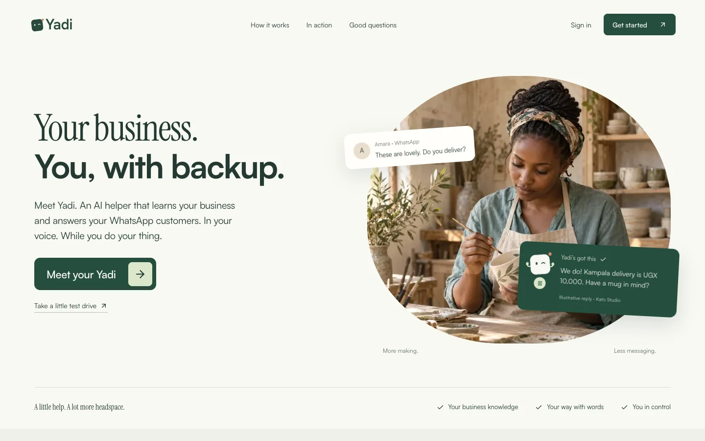Yadi homepage introducing an AI helper through a business owner and a WhatsApp conversation